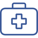 Blue outline of a first aid kit with a cross on it.