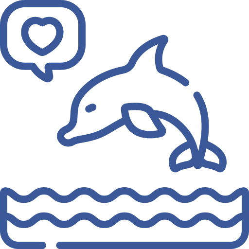 Blue dolphin with heart symbol above waves.